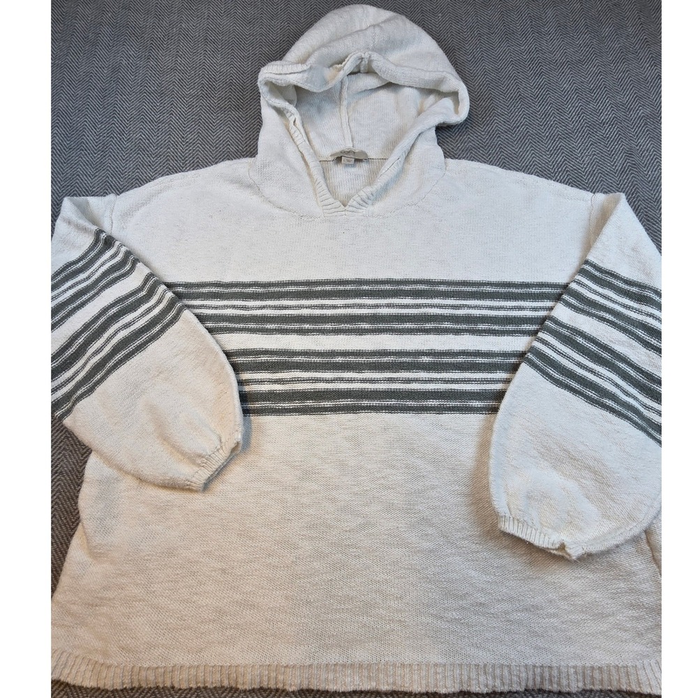 Loft Outlet Womens Large Cream Green Striped Cotton Knit Balloon Sleeve Hoodie